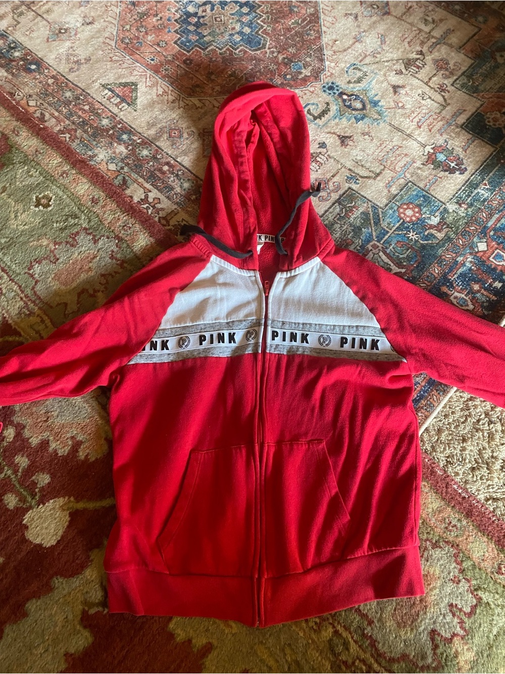 PINK Victoria's Secret Red Zip Front Hoodie with White Chest Stripe